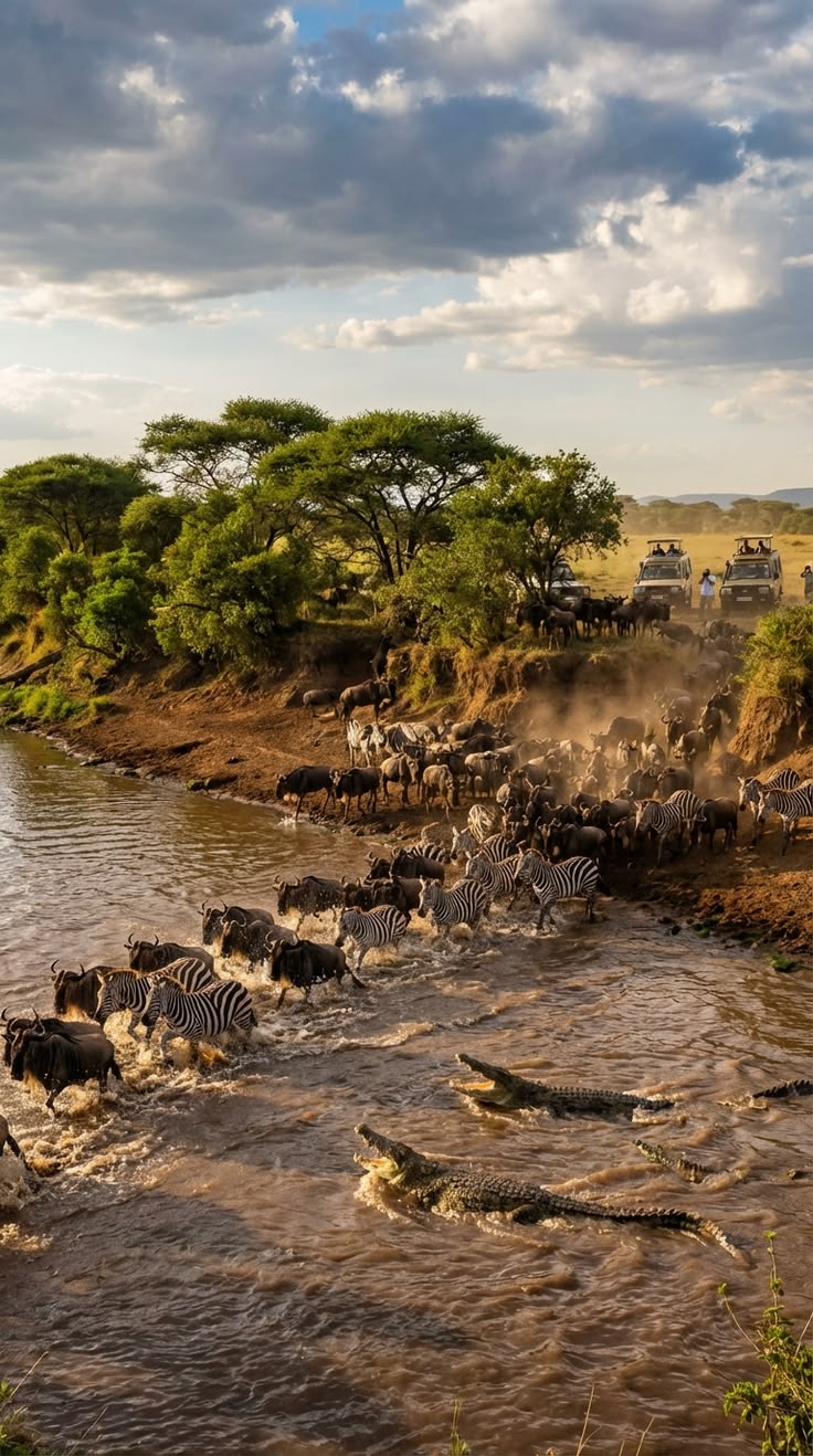 Great migration river crossing on a luxury safari route